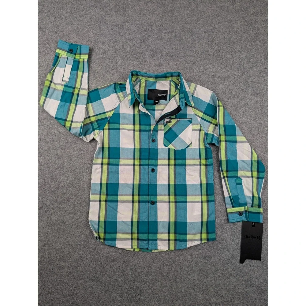 Hurley Kids Teal Green Plaid Long Sleeve Button Down Shirt‎ 4T NWT